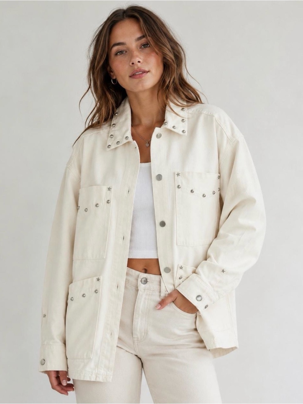 all in motion White Denim Stud-Trim Oversized Jean Jacket